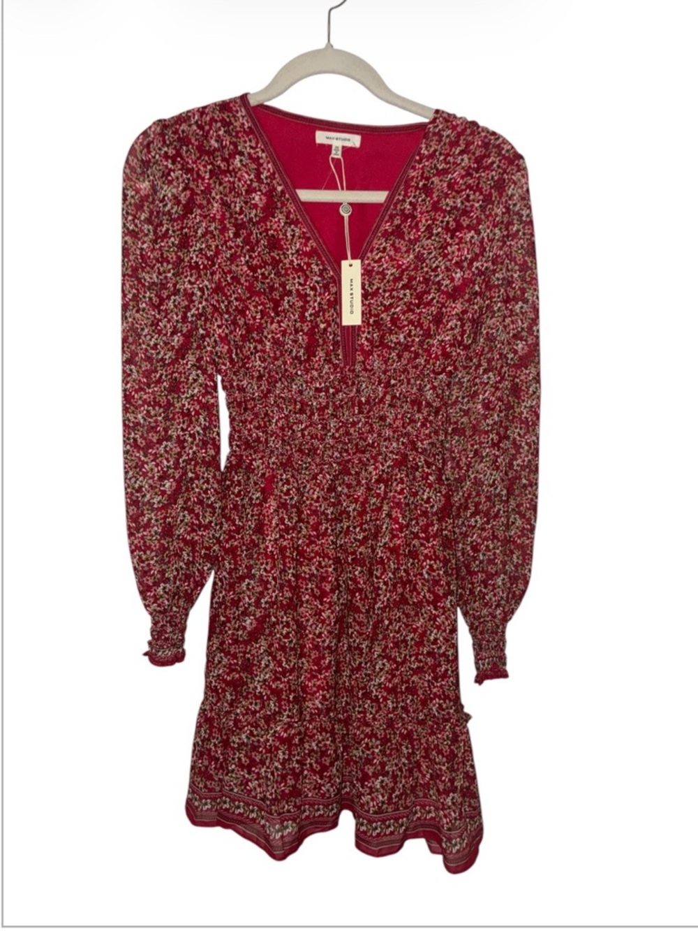 NWT Max Studio Red Floral Dress Long Sheer Bubble Sleeve. Sz XS